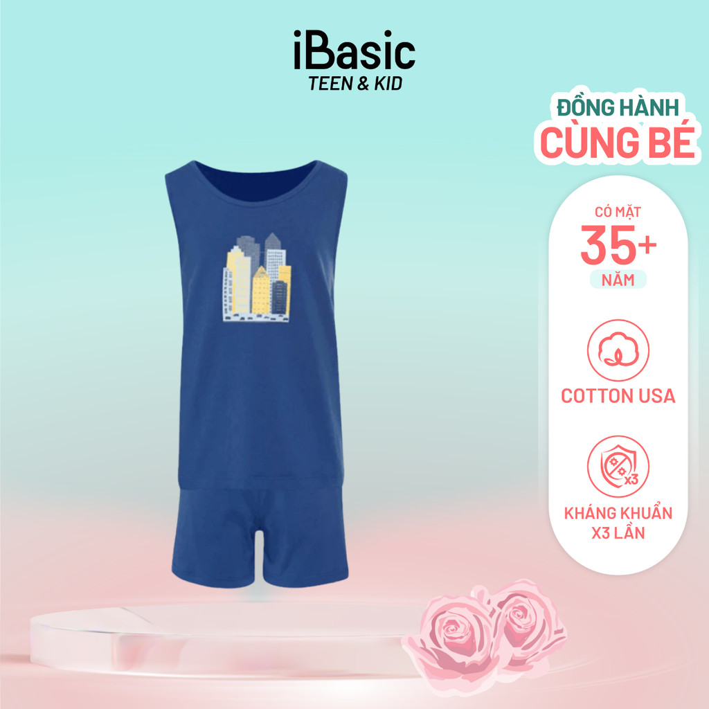 Đồ bộ thun mặc nhà bé trai iBasic cotton USA kháng khuẩn phom ba lỗ hình in HOMB006T và quần HOMB006