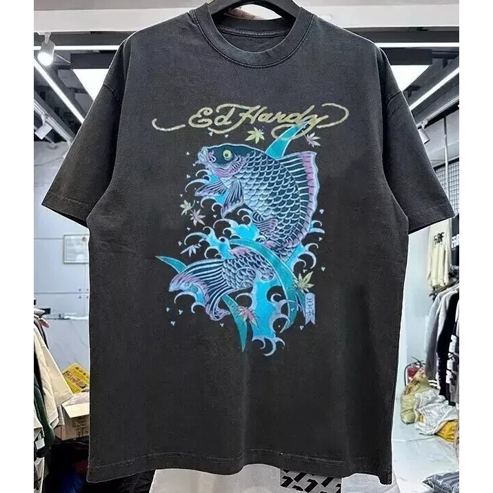 Áo Ed Hardy 100% Cotton Nguyên Chất, Màu Đen Short-Sleeve, Style Retro 90s