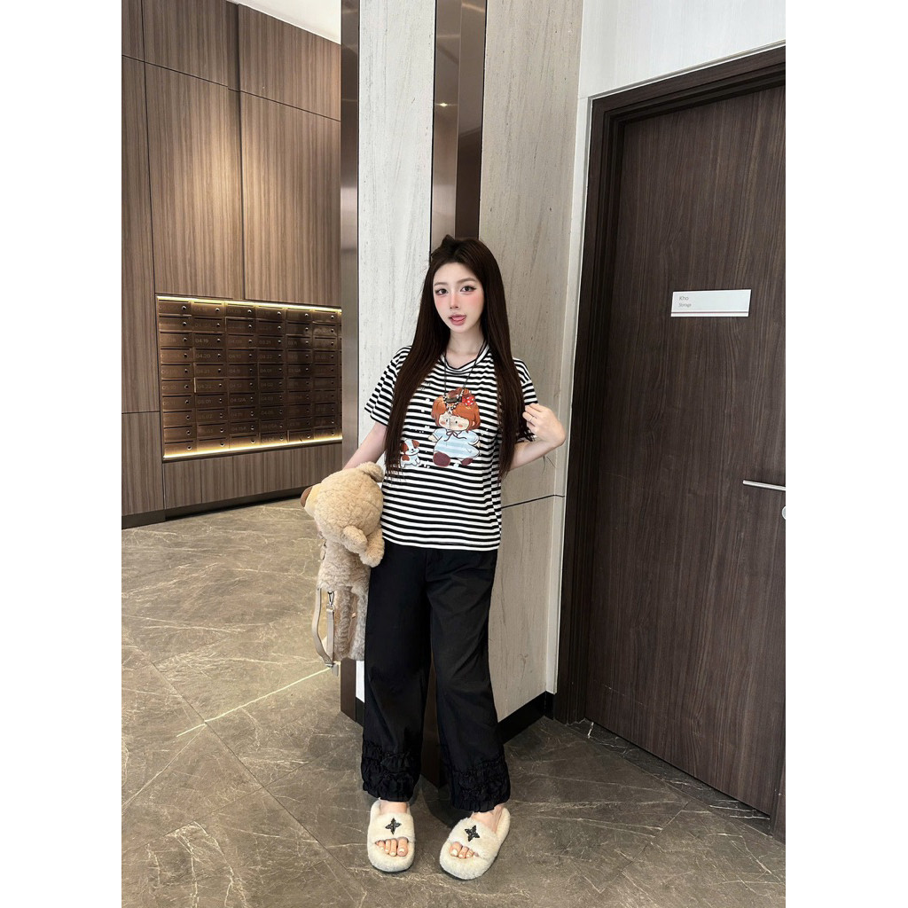 Hd118 Set nữ thiết kế - Áo phông in hoạ tiết kute phối quần suông bèo - Set đi chơi xinh xắn