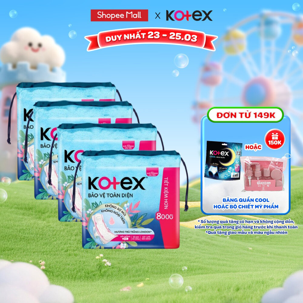 Lốc 4 Gói băng vệ sinh Kotex Bảo Vệ Toàn Diện 23cm Siêu Mỏng Cánh 20 miếng/ gói