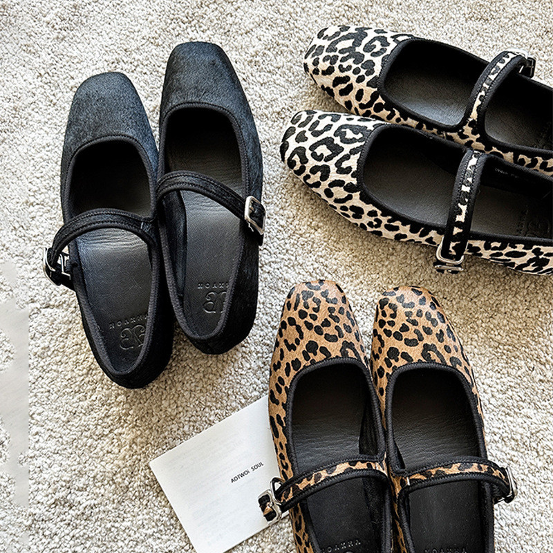 Sheepskin Version~French retro style Mary Jane women's genuine leather shallow-cut granny flats ball