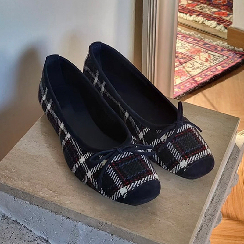 Sheepskin Version~Korean-style plaid bow ballet shoes, new slip-on shoes, comfortable low-heeled col