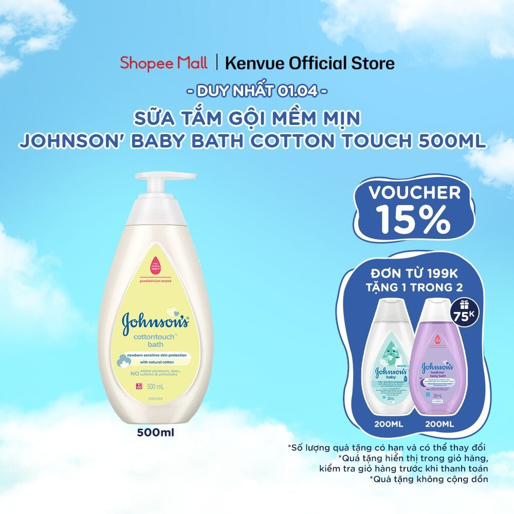 Sữa tắm gội toàn thân mềm mịn Johnson's baby bath Cotton touch 500ml (MỚI) - 100977934