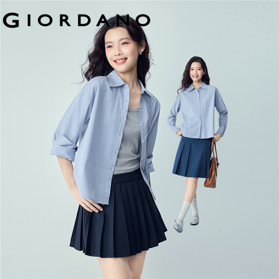 GIORDANO WOMEN 100% Cotton long sleeve loose checked shirt 05346119
