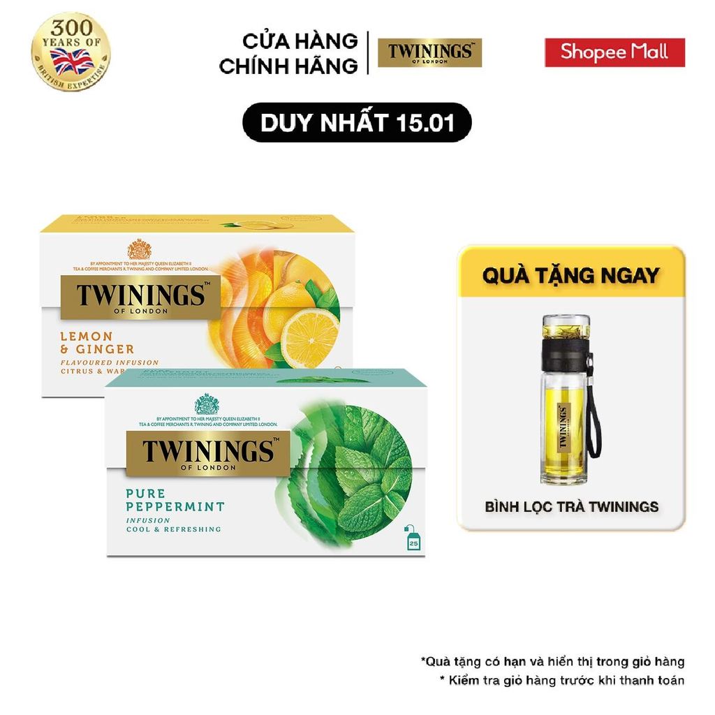 Combo 2 Trà Túi Lọc Chanh Gừng Twinings - Hộp 25 Gói 1.5G và Trà Túi Lọc Bạc Hà Twinings - Hộp 25 Gó