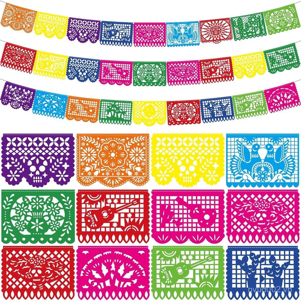 3 Đồ trang trí Cinco De Mayo, Biểu ngữ tiệc Mexico bằng nhựa 55,2 FT Papel Picado Dia De Los Muertos