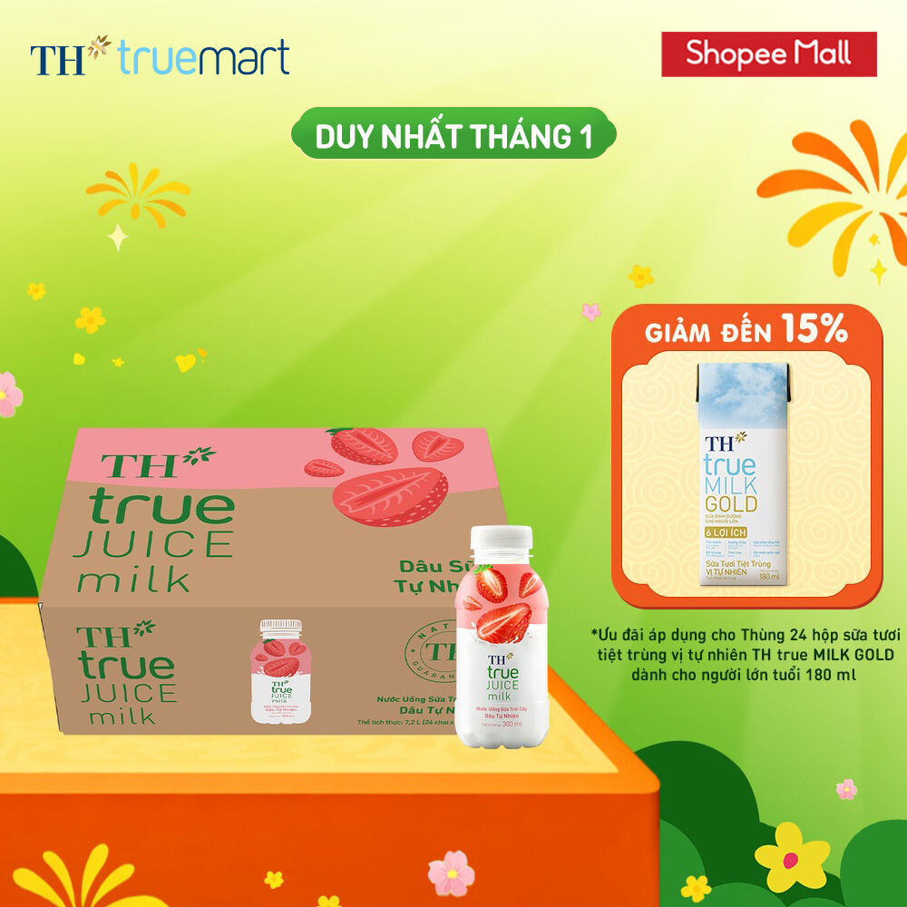 Thùng 24 chai nước uống sữa trái cây TH true JUICE milk dâu tự nhiên 300 ml (300 ml x 24)