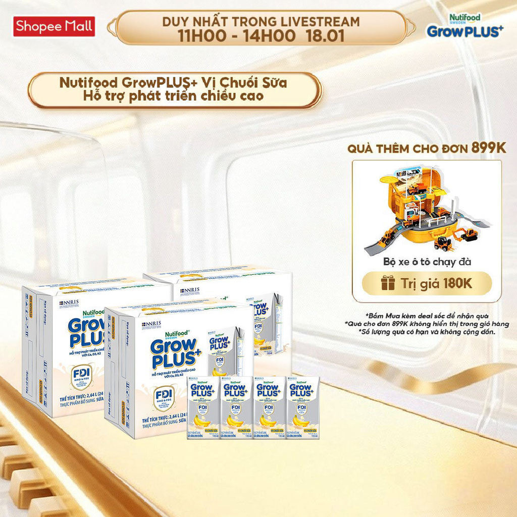 Combo 3 Thùng 24 hộp Sữa bột pha sẵn Nutifood Sweden GrowPLUS+ Vị Chuối Sữa hộp 110ml Trên 1 tuổi