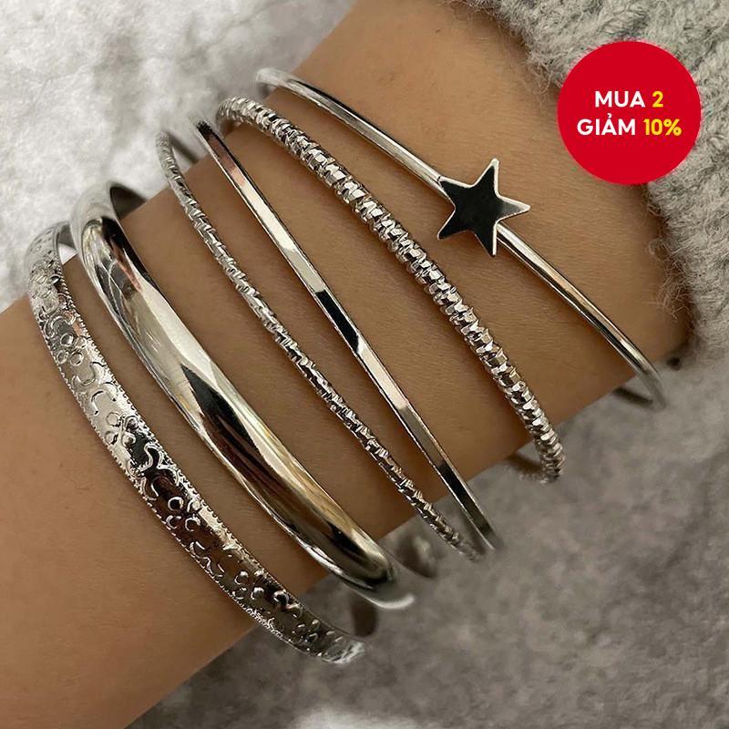 Bộ Vòng Tay Bạc Tối Giản Vintage - Vòng Tay Mở Ngôi Sao Kim Loại Có Thể Điều Chỉnh - Chất Liệu Thân Thiện Với Môi Trường