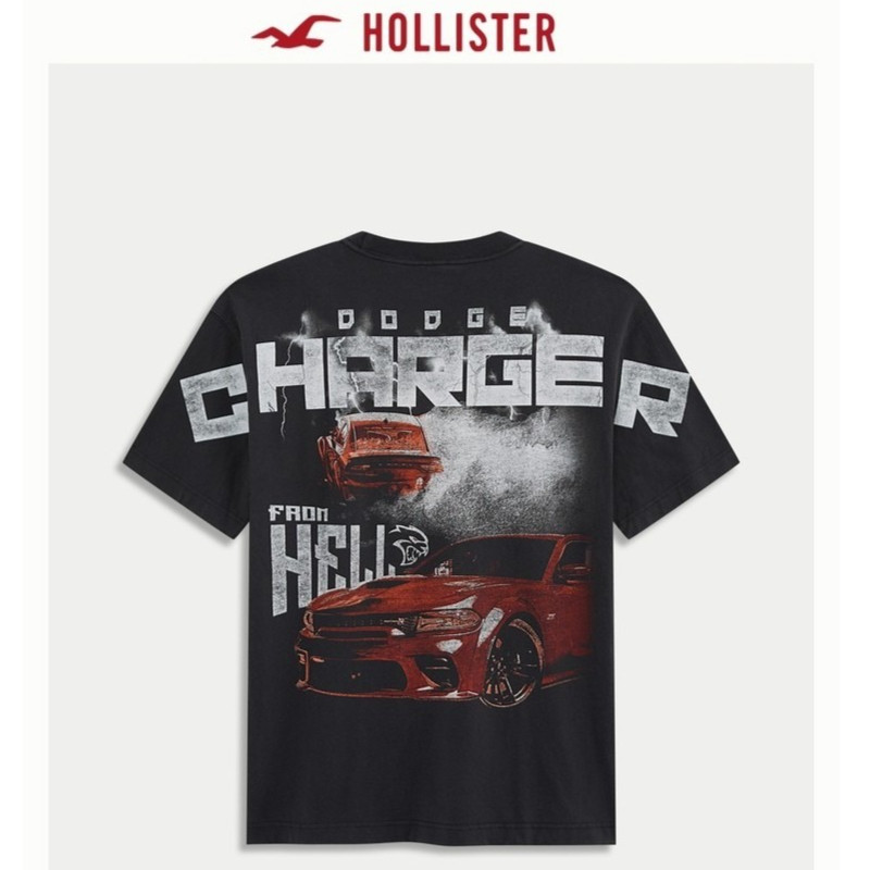 Hollister Áo Thun Nam Nữ Cổ Tròn In Hình Đua Xe, 100% Cotton