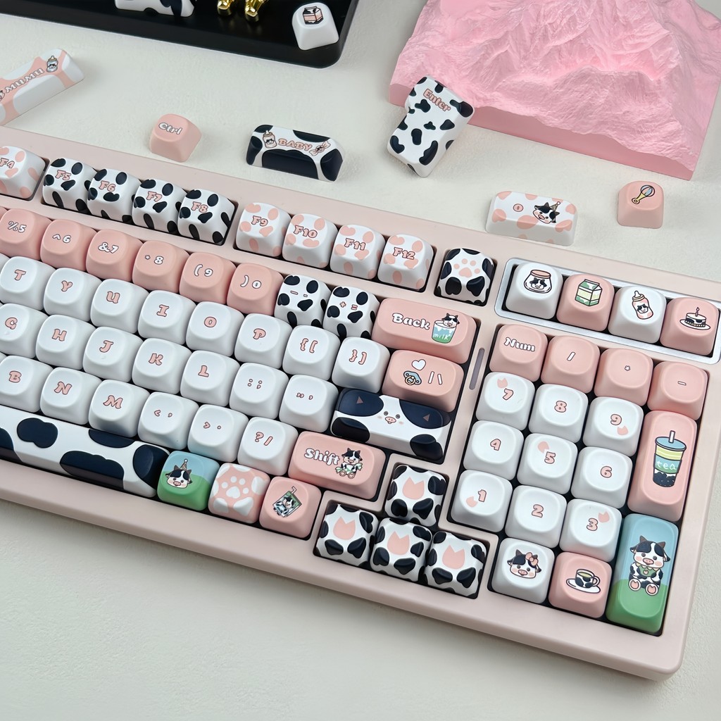MAIMOOO Sữa Bò Keycap 120 Phím MOA Profile PBT Hoạt Hình Nhuộm Thăng Hoa Aula F75 F99 RK100 Bò Dễ Th