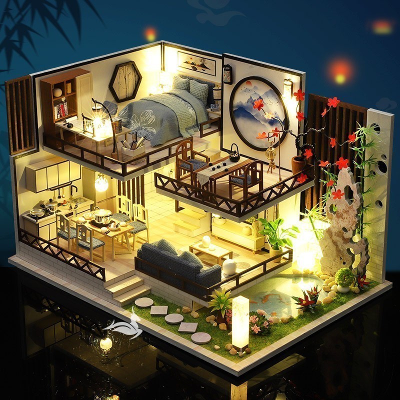 078 Nhà búp bê tự làm bằng gỗ - Tặng Dụng cụ và Keo dán [Nhà có nội thất & đèn LED] | M029