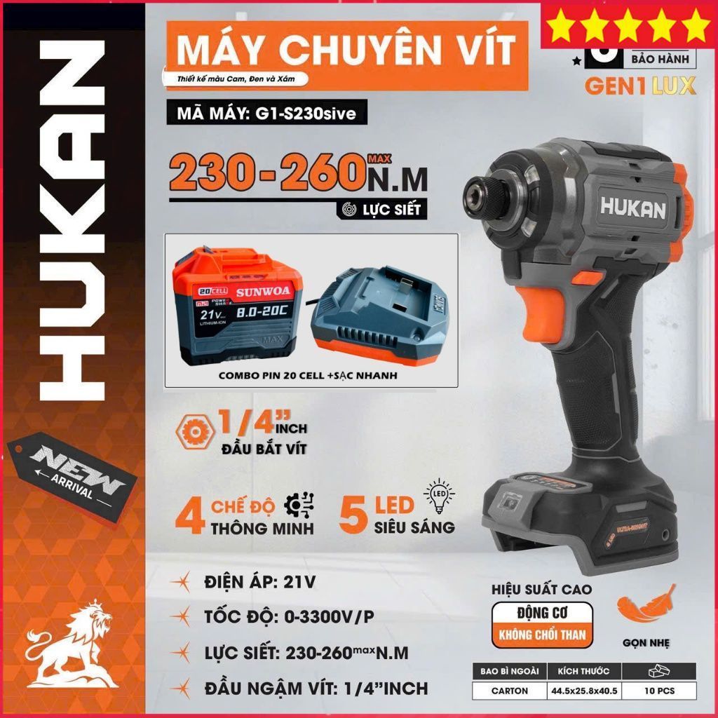 Máy chuyên vít pin HUKAN G1-S230sive, Lực siết 230-260Nm, 4 Chế độ thông minh, 5 đèn LED, Chính hãng