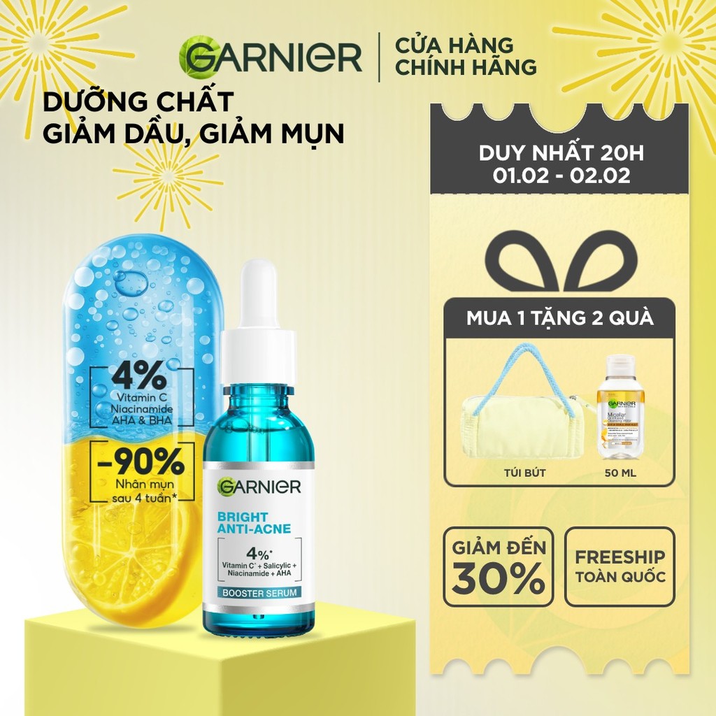 Dưỡng chất cho da dầu mụn Garnier Bright Complete Anti-Acnes Booster Serum 4% [Niacinamide, BHA, AHA