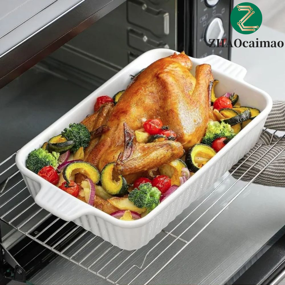ZHAOcaimao Khay nướng gốm ZHAOCAIMAO, Đĩa nướng hình chữ nhật sâu, Họa tiết sọc đa năng có tay cầm G