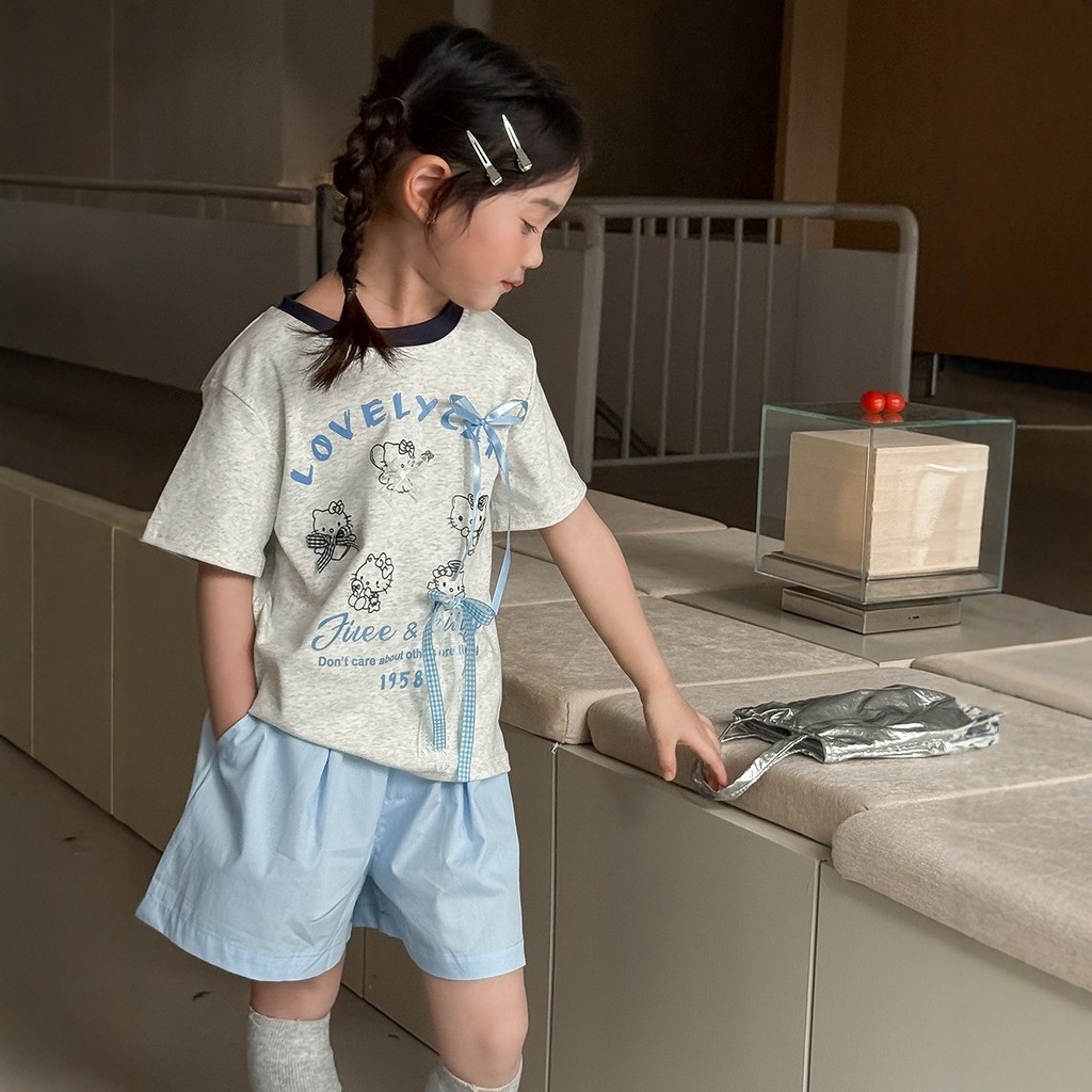 Bebe Bé Gái Mùa Hè Phiên Bản Hàn Quốc Hoạt Hình In Hình Áo Thun Ngắn Tay Nơ Dễ Thương Thời Trang Trẻ