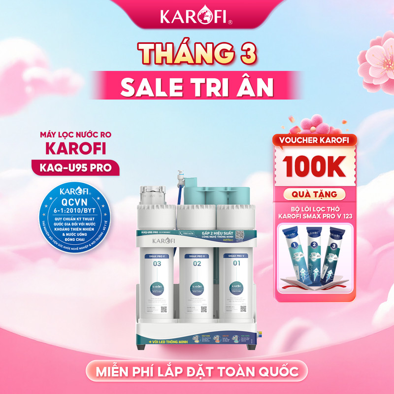 [TẶNG BỘ LÕI] Máy lọc nước để gầm Karofi KAQ-U95 Pro - 10 lõi, Aiotec, RO Mỹ 100GPD, Lắp miễn phí