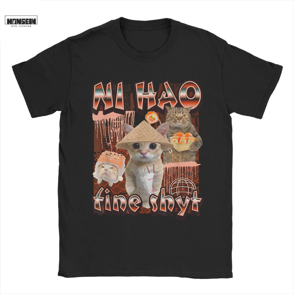 Áo thun nam cổ tròn, kiểu dáng thường ngày, in hình mèo Ni Hao Fine Shyt, phong cách Mỹ.