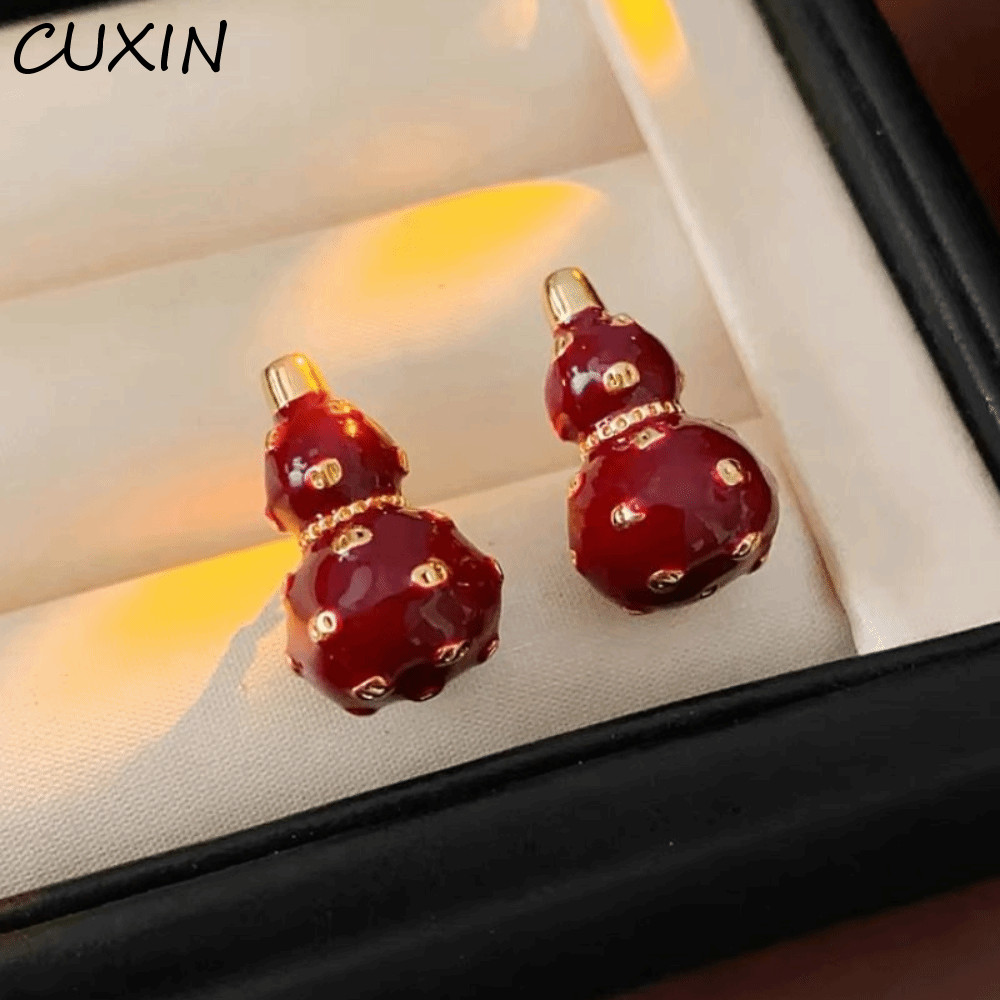 CUXIN Hoops Earrings with Red Enamel Gemstones - Lucky Charm, Elegant Design, Traditional Chinese Je