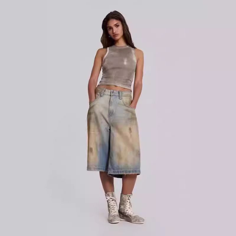 Jaded London Huang Baobao's same style distressed blue faded straight-leg denim shorts