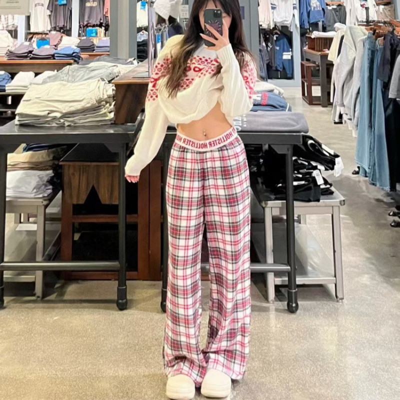 PC8H American Retro HCO Little Seagull Plaid Letter Ribbon Casual Long Pants Pajama Pants Christmas 