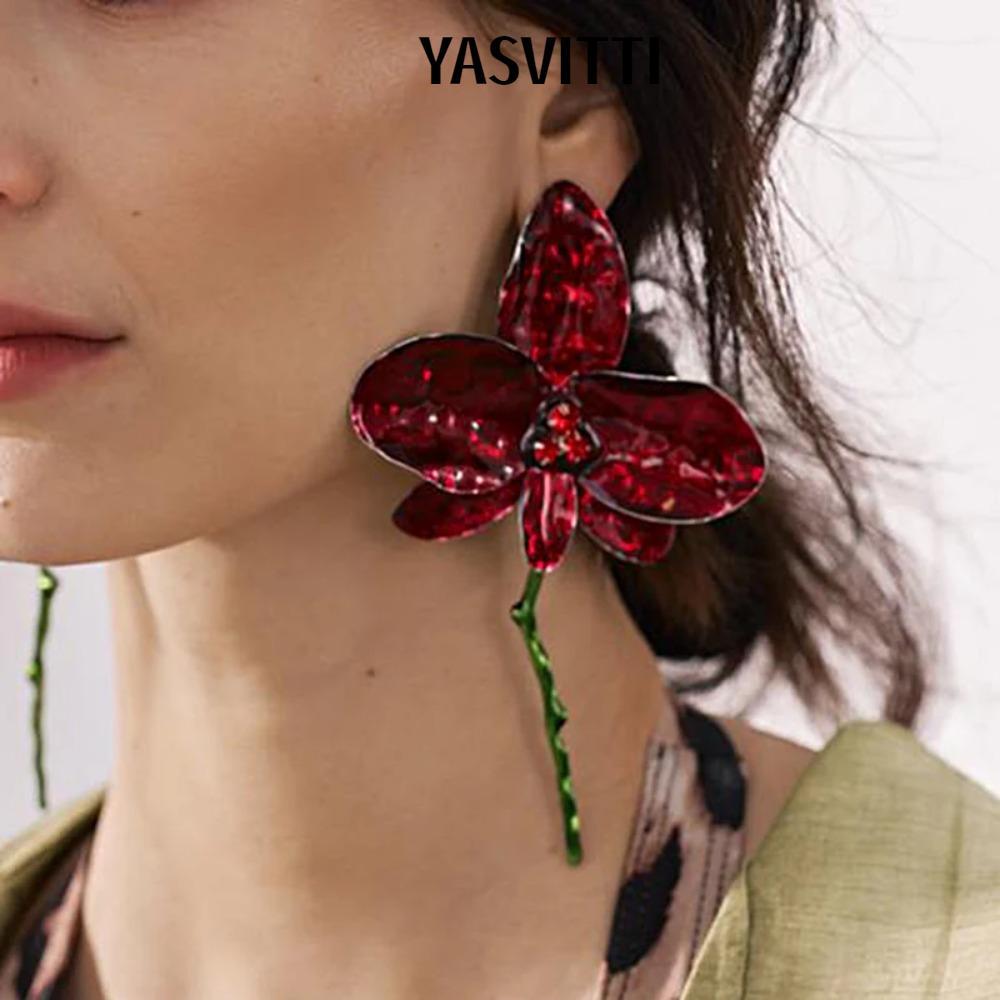 YASVITTI Earrings - Large Red Flower Design, Alloy, Vintage Bohemian Style