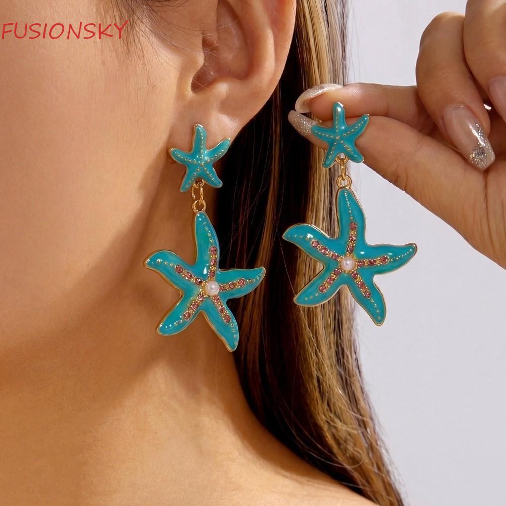 Bông tai hình sao biển FusionSky, boho style với đá nhân tạo, phù hợpwear at the beach