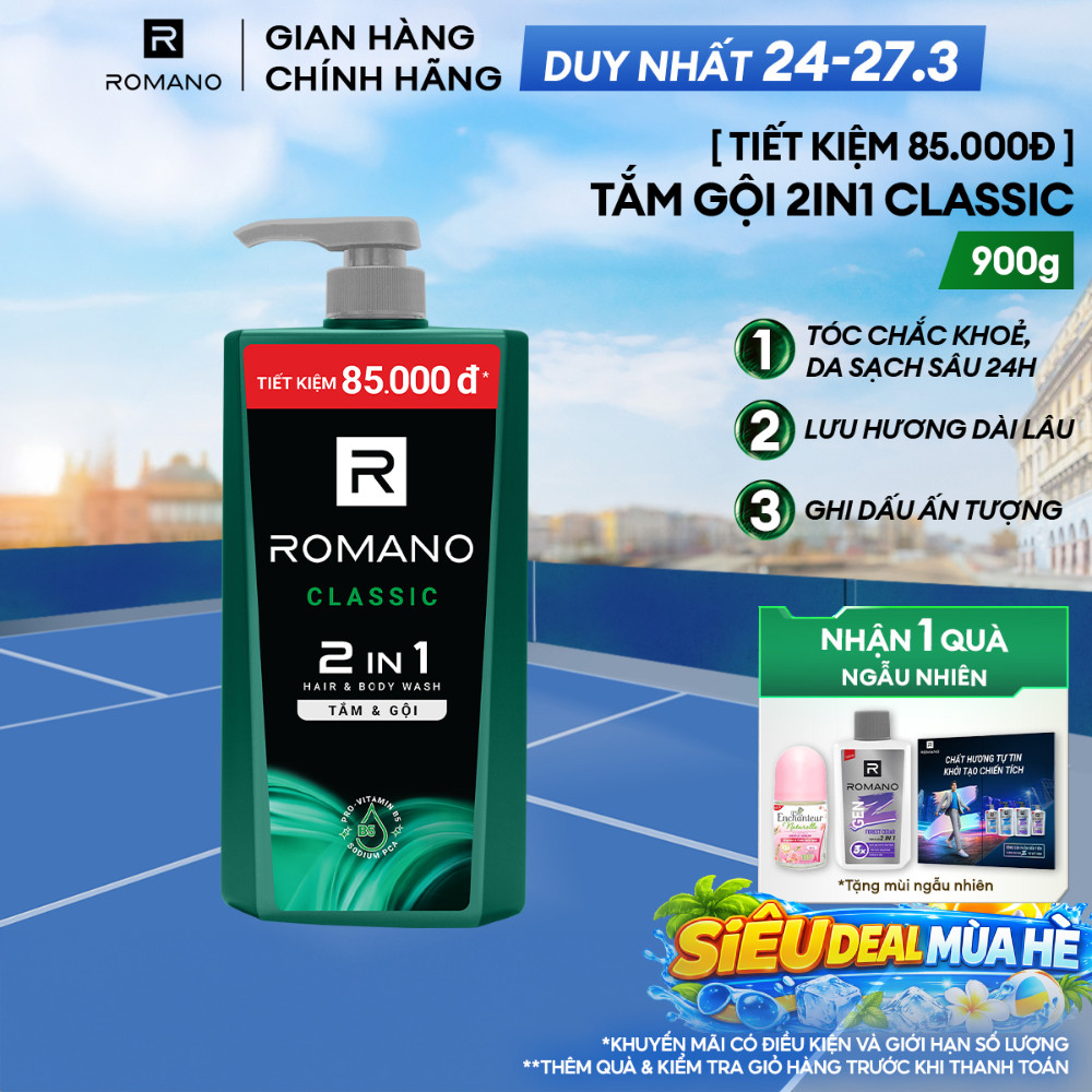 [Freeship] Tắm gội cho nam 2 trong 1 Romano 2in1 900g Classic