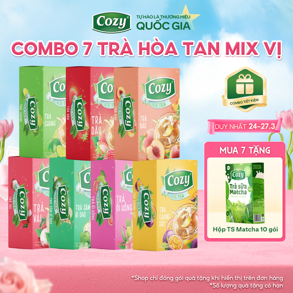 [COMBO 7] Trà Cozy Hoà Tan Ice Tea (7 hộp x 16 gói) Gồm Đào, Dâu, Vải, Chanh Dây, Sâm Bí Đao, Chanh,