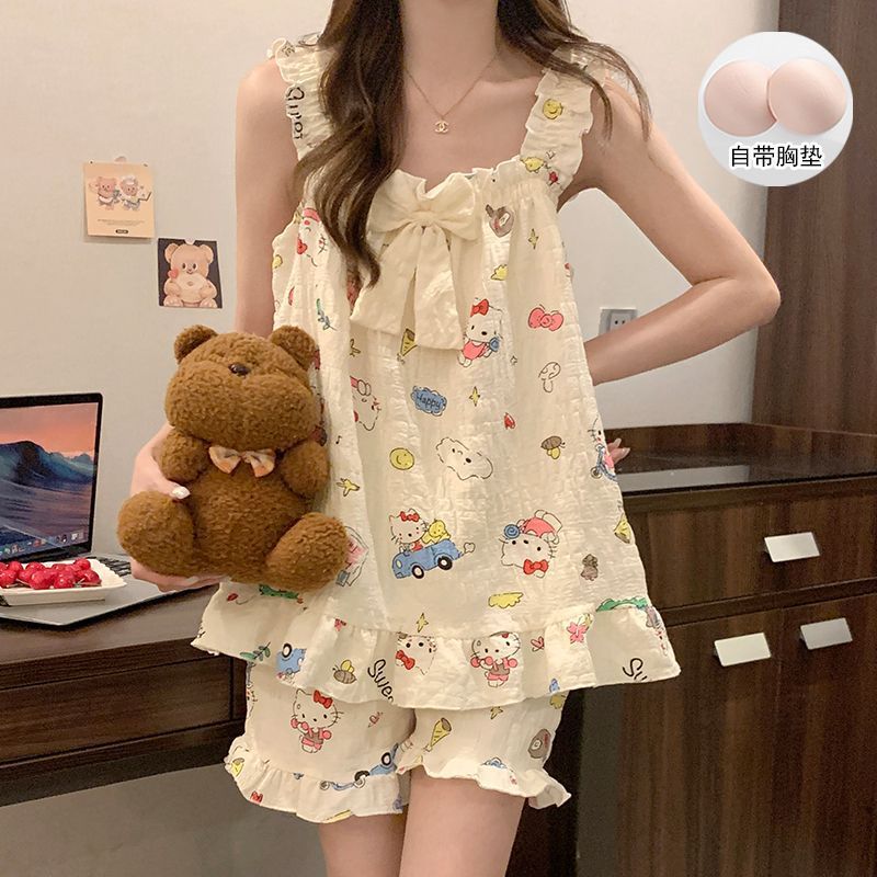 Với Hoạt Hình Ngực Bộ Đồ Ngủ Quần Short Phong Cách Dễ Thương Nữ Cotton Sling Homewear Mặc Ngoài Nhật