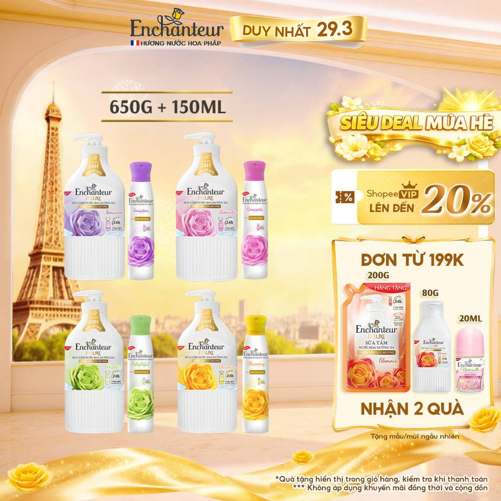 Combo Sữa Tắm Nước Hoa Dưỡng Da Enchanteur 650g + Xịt Khử Mùi Hương Nước Hoa Enchanteur 150ml