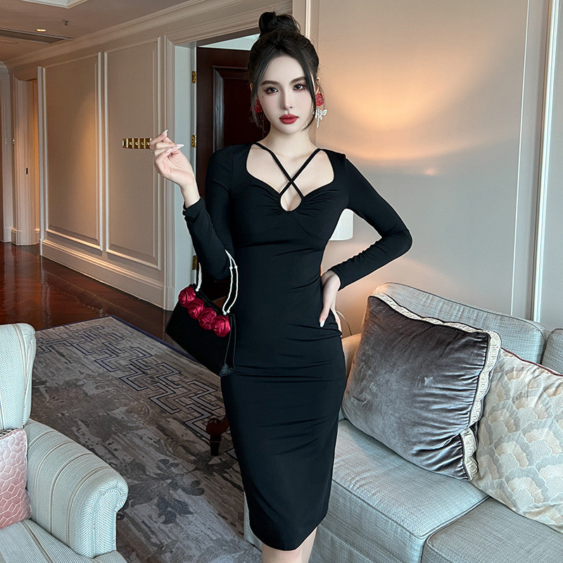 ZY.HT20263 Nữ Thu Đông Đeo Chéo Rỗng Hông Phối Màu Đen 9592