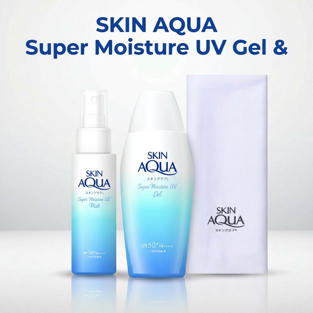 SKIN AQUA Super Moisture UV Gel & Mist Set with Hyaluronic Acid - SPF50+ PA++++, Cooling Towel Inclu