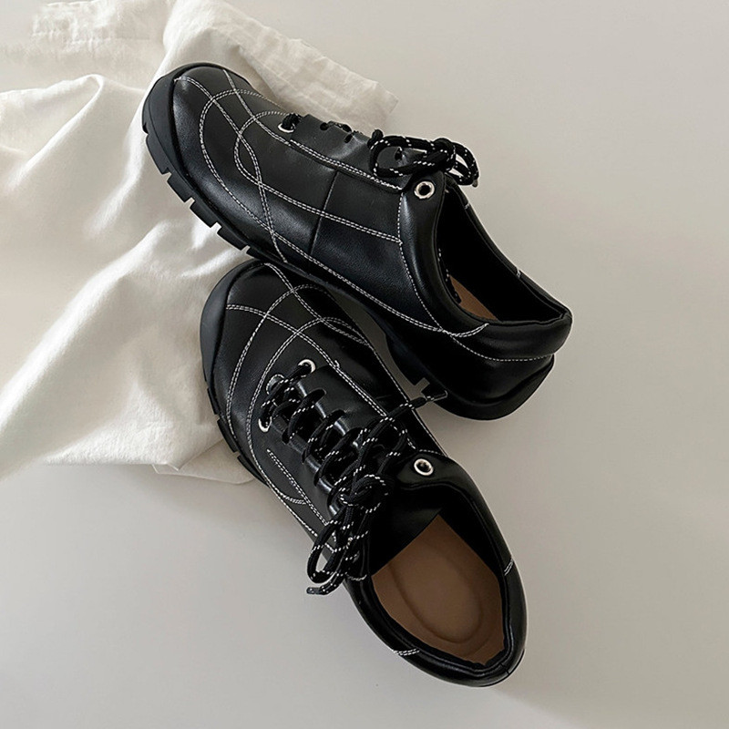 Cowhide Version~Lace-up round-toe flat-soled racing shoes for women, casual sports shoes, breathable