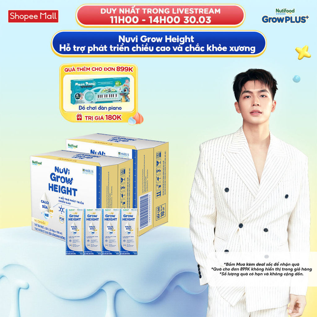 Combo 2 Thùng 24 hộp SBPS Nuvi Grow Height vị chuối 1+ hỗ trợ phát triển chiều cao hộp 180ml