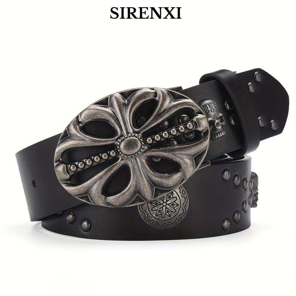 Thắt lưng da SIRENXI, Punk Skeleton Head Bohemian Style Belt, Vintage Hip Hop Riveted Pants Bands Y2