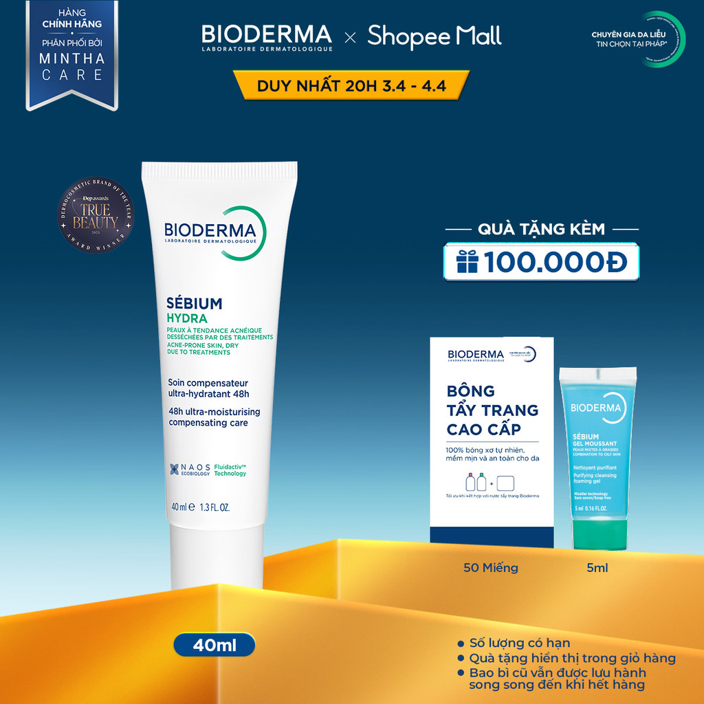 Kem dưỡng ẩm giảm khô căng, bong tróc cho da mụn Bioderma Sebium Hydra - 40ml