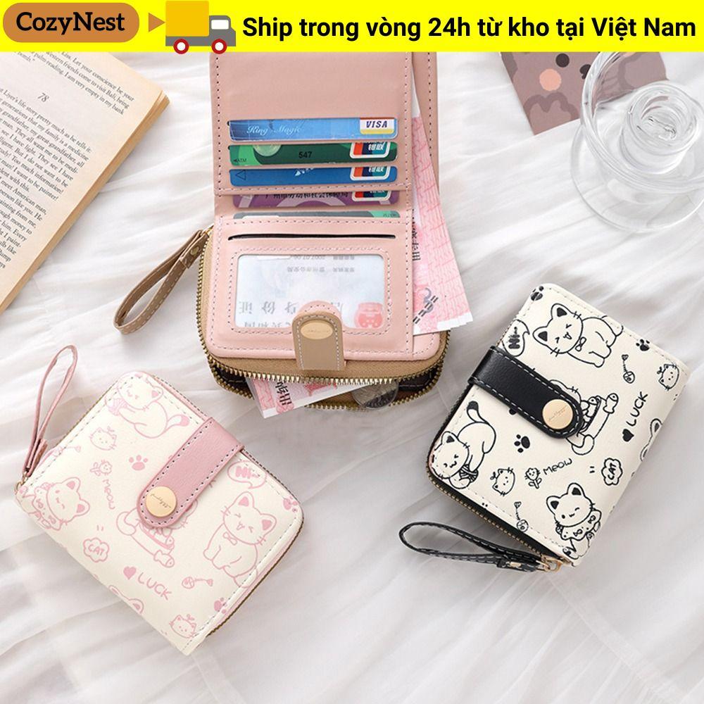 Ví ngắn COZYNEST, Hộp đựng thẻ ID dung tích lớn bằng da PU, Ví đựng tiền xu nhẹ hình mèo dễ thương