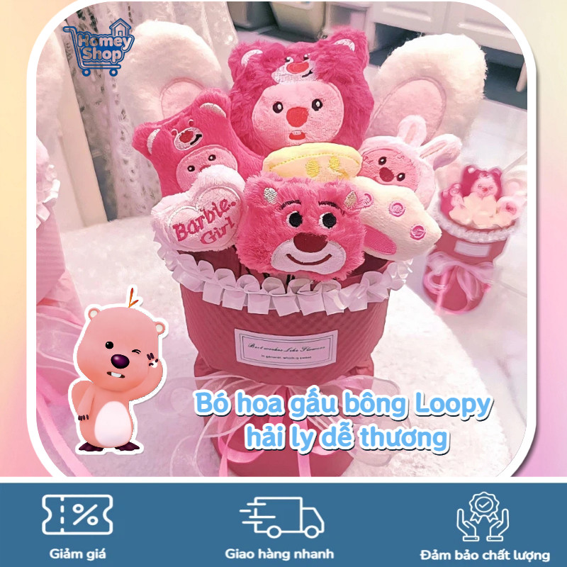 HomeyShop-Bó hoa gấu bông Loopy hải ly dễ thương,kèm thiệp và túi quà xinh xắn,Quà năm mới,quà sinh 
