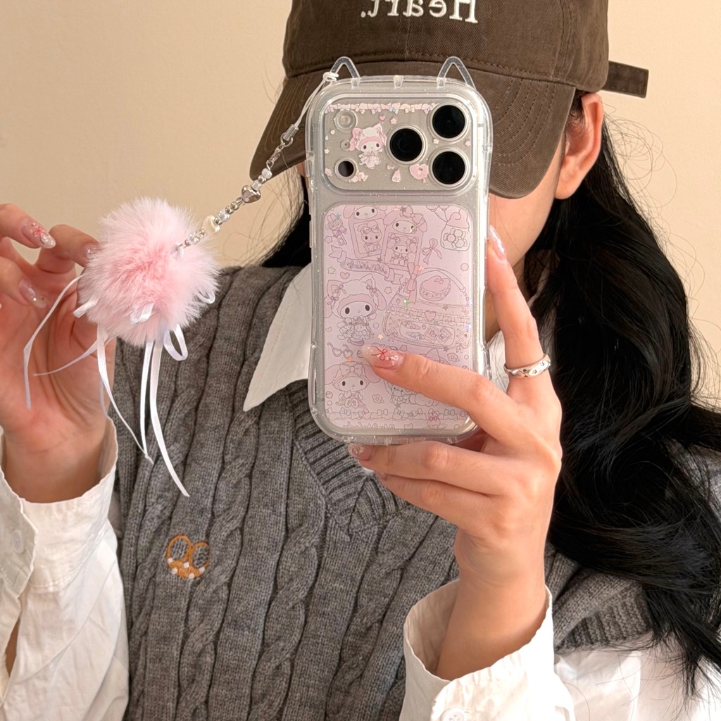 Tai Mèo Epoxy My Melody Ốp Lưng Điện Thoại Có Túi Ren Dây Xích Pom Pom Charm Cho iPhone 17 16 Pro Ma