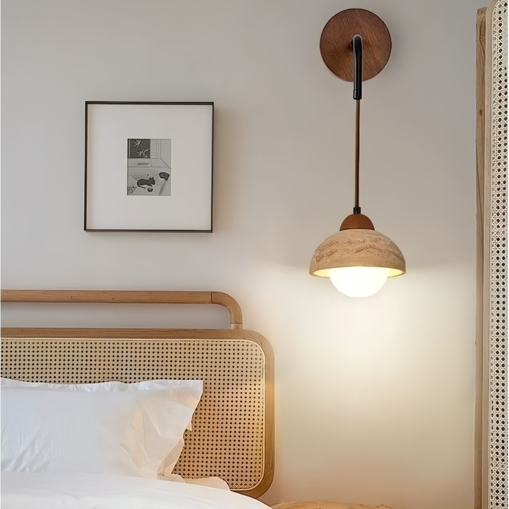 Đèn tường Wabi-Sabi Nhật Bản - Đèn ngủ Travertine & Gỗ nguyên khối cho phòng ngủ, ăn uống & ấm cúng 