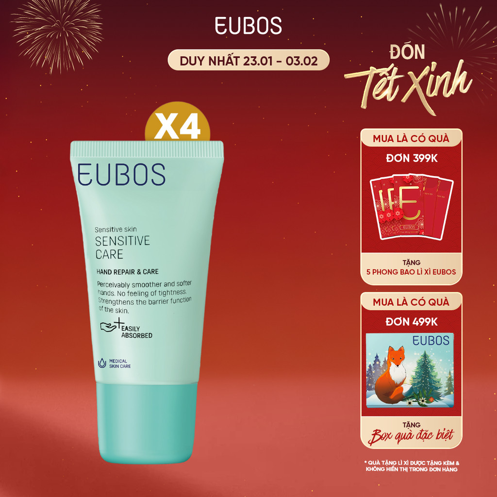 COMBO 4 Kem Dưỡng Da Tay và Móng EUBOS Giúp Mềm Mịn, Dưỡng Ẩm An Toàn Cho Da Nhạy Cảm Tuýp 25ml x4