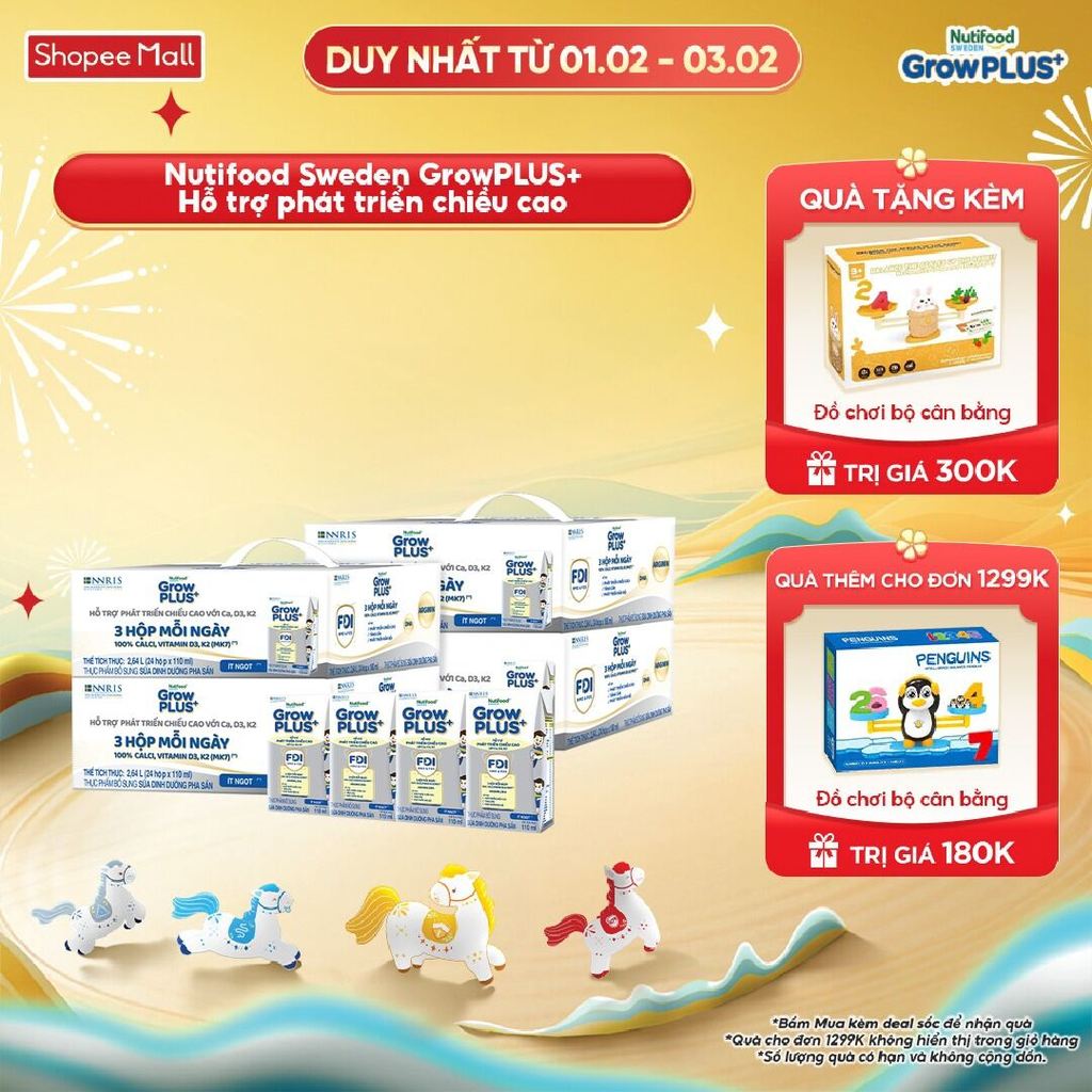 Combo 4 Thùng 24 hộp Sữa Bột Pha Sẵn Nutifood Sweden GrowPLUS+ Cao lớn vượt trội hộp 110 ml
