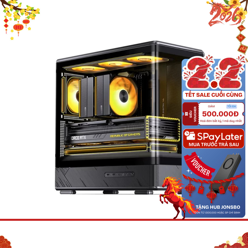 Vỏ Case Máy Tính Jonsbo D200 Black - Hỗ Trợ Main M-ATX | 3 Mặt Kính Cường Lực | VGA 410mm