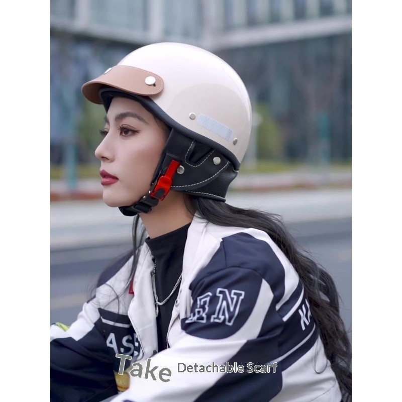 QMP RNG Retro Motorcycle Helmet Men's and Women's Motorcycle Fashion Hat Net Red Leather Helmet Ligh