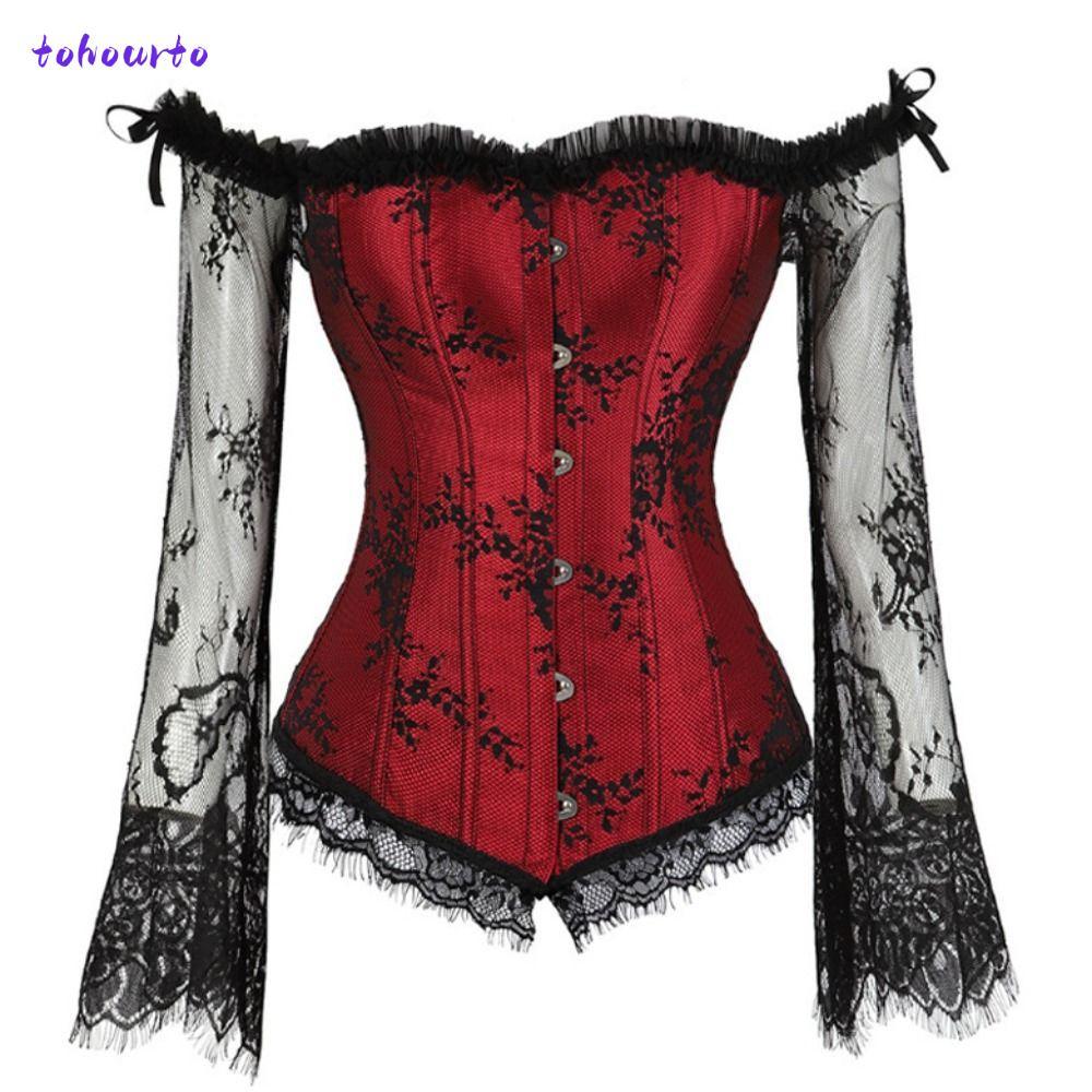 TOHOURTO Corset Top, Dây Đeo Vai Dài Tay Nữ Court Corset, Đen Đỏ Hoa Ren Ren Overbust Ren Corset Tra