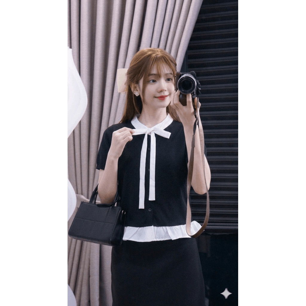 MS056 Áo sơ mi nữ cộc tay gấu bèo xinh xắn, chất liệu cotton tổ ong thoáng mát | BigBuy360 - bigbuy360.vn