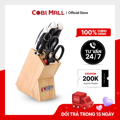 Bộ Dao Nhà Bếp 6 Món Inox Cao Cấp Gồm Dao, Kéo, Đá Mài & Hộp Gỗ – Cobi Home