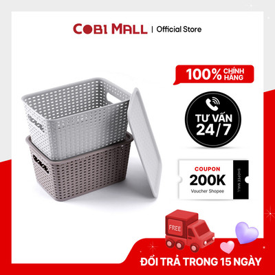 Giỏ nhựa mây tre đan đựng đồ có nắp đậy - Cobihome