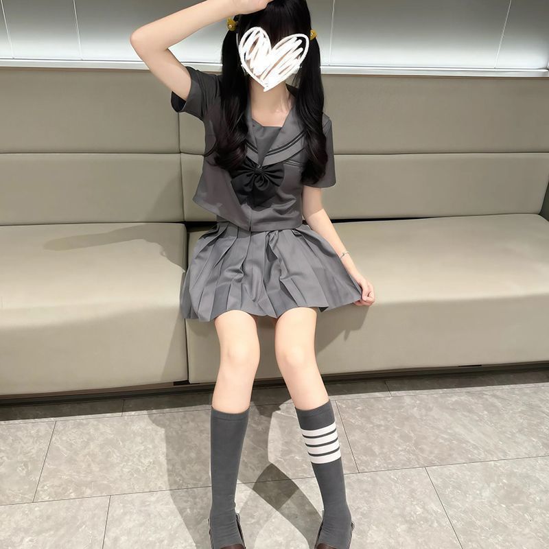 JK đồng phục màu xám hai thủy thủ phù hợp với trường J Cung cấp hàng đầu Đầu thu Váy ngắn tươi mát V